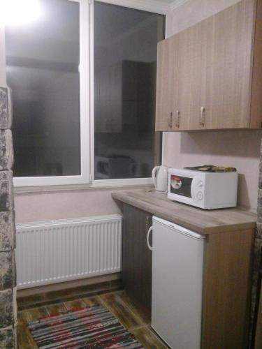 een keuken met een magnetron op een aanrecht met een raam bij Нова квартира in Ivano-Frankivsʼk