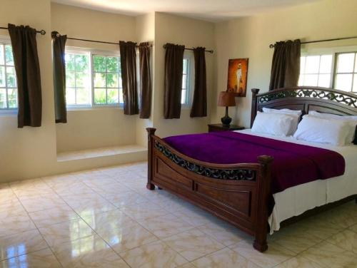 a bedroom with a large bed with purple sheets and windows at Annie's White House on The Hill in Negril