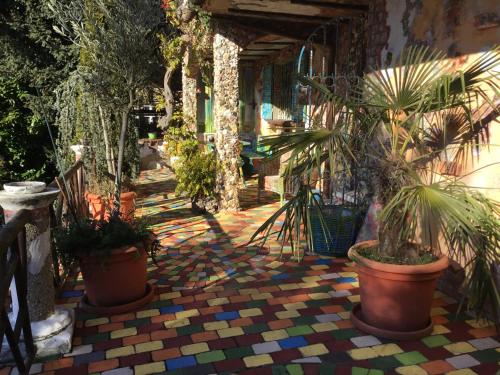 a patio with potted plants on a colorful floor at Casa toscana in Thun