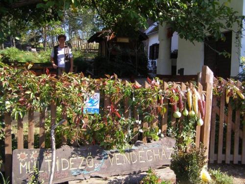 a man standing next to a fence with a vegetable garden at Múltidéző Porta - Népi Műemlék Házak az Őrségben in Szalafő