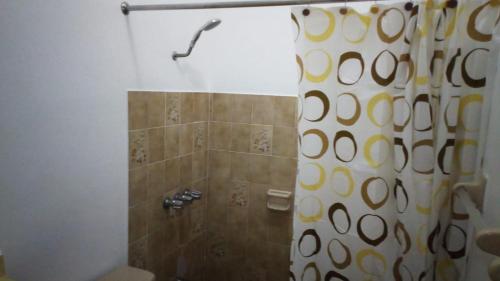 La salle de bains est pourvue d'une douche avec rideau de douche. dans l'établissement Ruhig, gross mit herrlicher Aussicht, à San Felipe de Puerto Plata
