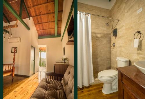 two pictures of a bathroom with a toilet and a sink at Hacienda Juanita in Maricao