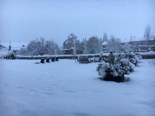 a park covered in snow with benches and trees at Hotel Bernat de So in Llivia