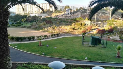 a park with a basketball hoop in a park with palm trees at Departamento San Alfonso in Algarrobo