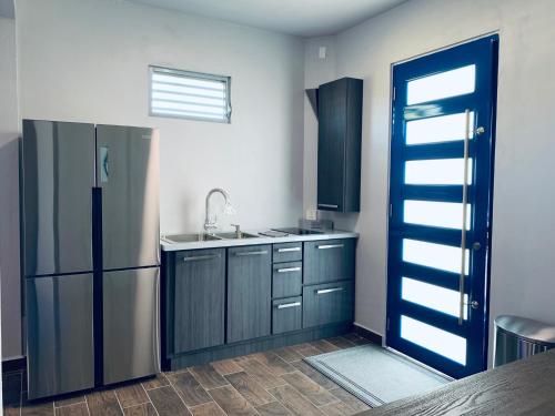 uma cozinha com um frigorífico e um lavatório em Modern Suite #2 Pasavento em Aguadilla