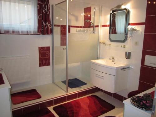 a bathroom with a shower and a sink at Haus Trojer in Matrei in Osttirol
