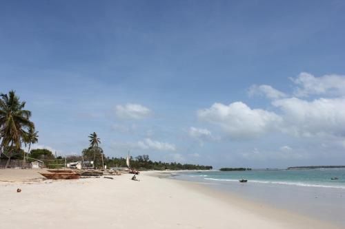 a beach with palm trees and the ocean and a boat at Villa Dahl Beach Resort in Dar es Salaam