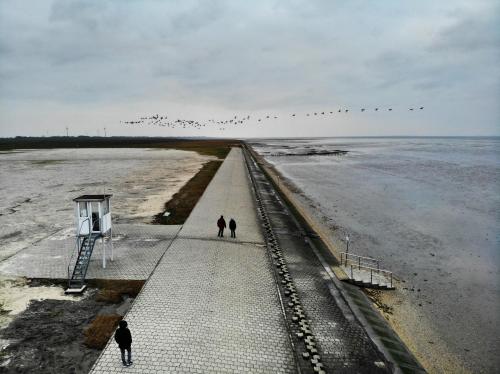 two people walking down a walkway on the beach at Hotel Carolinensiel Doan in Carolinensiel
