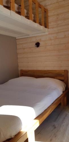 Ce lit se trouve dans un dortoir en bois doté de 2 lits superposés. dans l'établissement Résidence Eugénie 2 Pièces Cosy au Calme, à Cauterets
