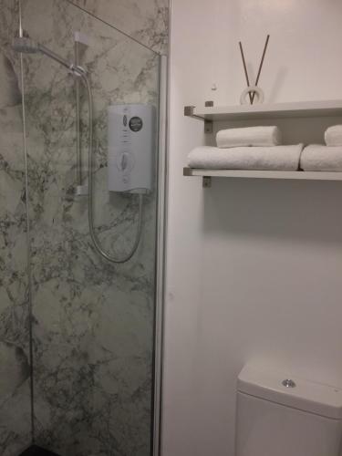 La salle de bains est pourvue d'une douche et de toilettes. dans l'établissement Broomfields Country House, à Melrose
