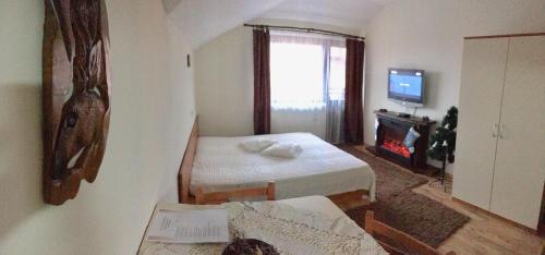 a small room with two beds and a television at Bansko home with a Mountain view in Bansko