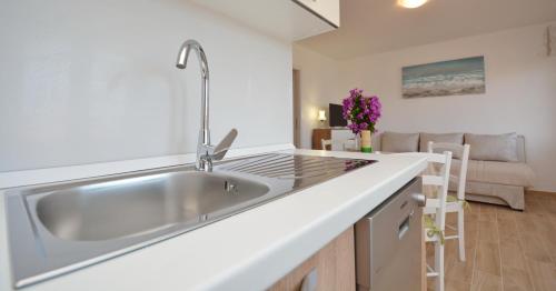 eine Küche mit Spüle und Arbeitsplatte in der Unterkunft Apartmani Cesarec in Basina
