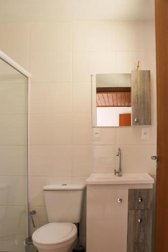 a bathroom with a toilet and a sink and a mirror at Recanto Dos Coqueiros in Florianópolis