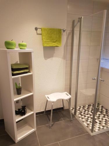 ザンクト・アルデグントにあるFerienwohnung Juliaのバスルーム(白いスツール、シャワー付)