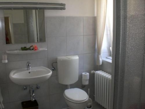 La salle de bains est pourvue de toilettes et d'un lavabo. dans l'établissement Hotel Hecker Braunlage, à Braunlage
