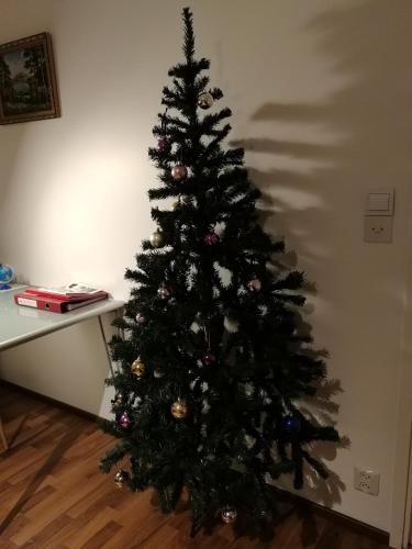a black christmas tree in a room with a table at Sun Apart Vuorenrinne in Kotka