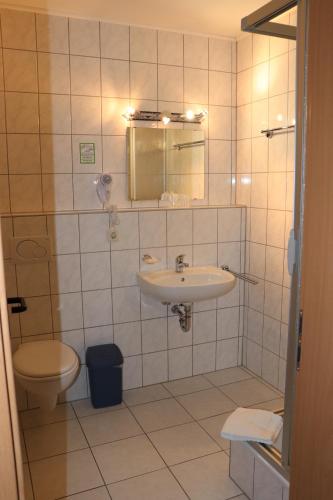 a bathroom with a sink and a toilet at Hotel Saar in Kusel