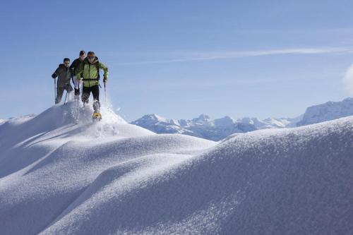 a group of people standing on top of a snow covered mountain at Hotel Gretina in Bezau