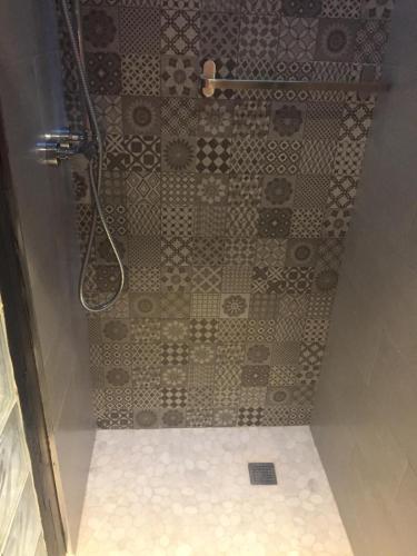 a shower in a bathroom with a tile wall at Apartamentos El Greco in Toledo