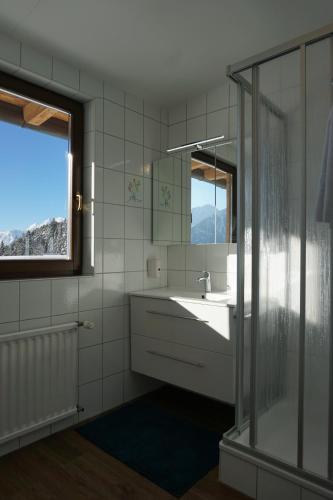 uma casa de banho com um lavatório e uma cabina de duche em vidro. em Hotel Pension Tyrol em Seefeld no Tirol