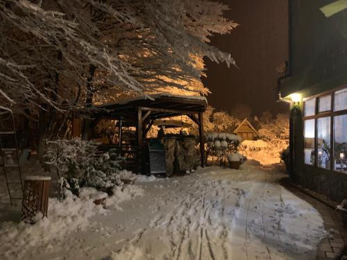 a snow covered yard at night with a building at Pensiunea Ghiocelul in Avrig