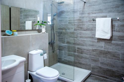 La salle de bains est pourvue de toilettes et d'une douche en verre. dans l'établissement At the very heart of Limassol centre, ap. 201, à Limassol
