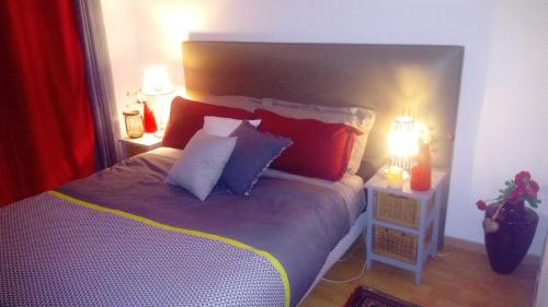 a bedroom with a bed with red and blue pillows at Chez Mag in Lille