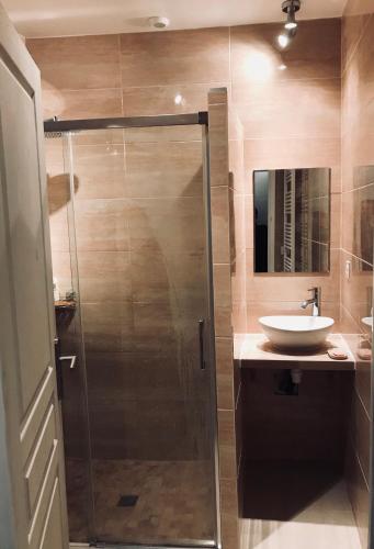 une salle de bain avec douche et lavabo dans l'établissement Maison Banyuls, à Banyuls-sur-Mer