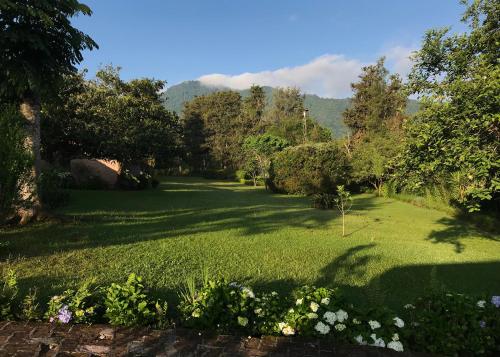 un jardín con césped verde, árboles y flores en Hotel Mi Ranchito, en Xicotepec de Juárez