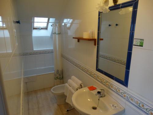 a bathroom with a sink and a toilet and a mirror at Hotel Los Juncos in Noja