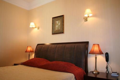 - une chambre avec un lit avec une couverture rouge et 2 lampes dans l'établissement Hotel Alexandre III, à Cannes