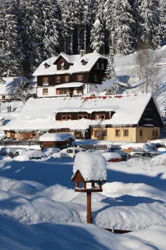 a house covered in snow in front at Pension Arnika in Modrava