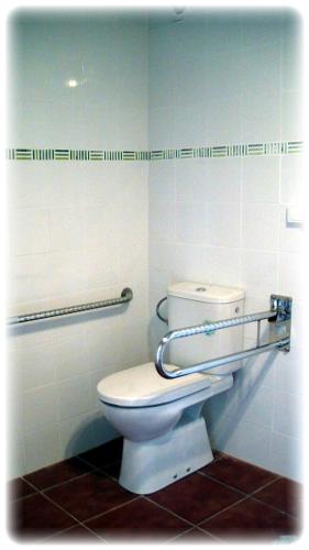 a bathroom with a toilet with a hand rail at La Masia in Sant Pere Pescador
