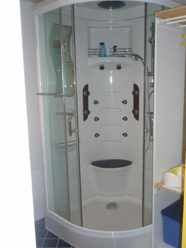 une douche avec une porte vitrée dans une salle de bain dans l'établissement L'ancolie, à Orelle