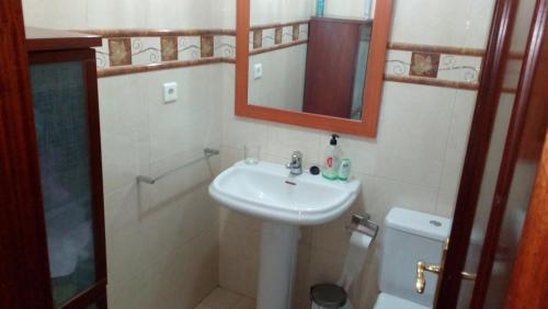 La salle de bains est pourvue d'un lavabo, de toilettes et d'un miroir. dans l'établissement Residencial Sol Suite, à Telde