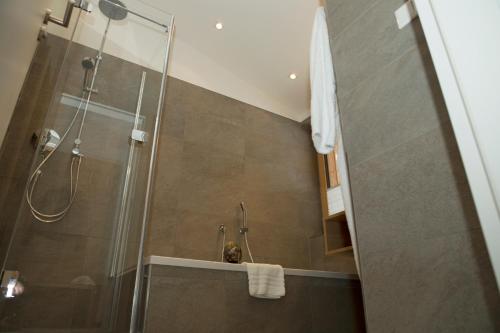 a shower with a glass door in a bathroom at Sportappartements in Bad Mitterndorf