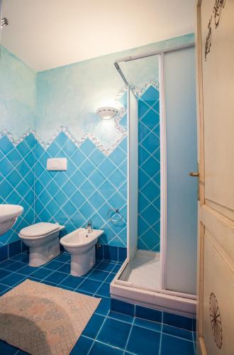 a blue bathroom with a toilet and a shower at Belvedere Suites - Klodge in Olbia