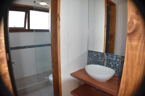 a bathroom with a white sink and a shower at Morros del Pacífico in Pichilemu