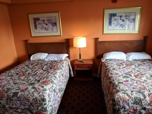 a hotel room with two beds and a lamp at Skylark Motel in Chicago