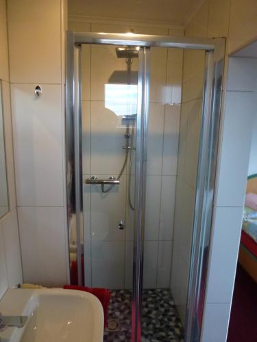ein Bad mit einer Dusche und einem Waschbecken in der Unterkunft Ferienhaus Sonnberg in Fieberbrunn