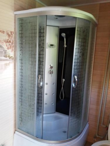 a shower with a glass enclosure in a bathroom at Смериковий in Yaremche