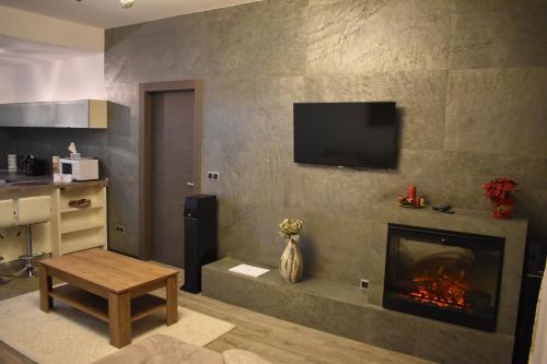 a living room with a fireplace and a television on a wall at Silver Mountain G1 43 in Poiana Brasov