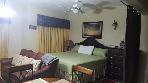 1 dormitorio con 1 cama verde y 1 sofá en Merrivale Suite, en Kingston