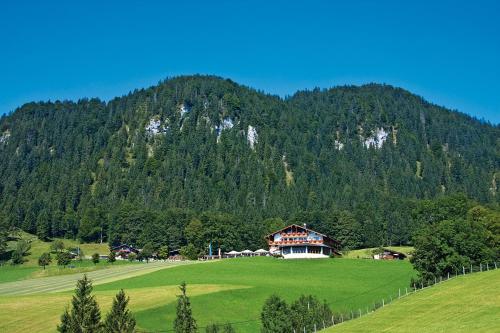 a house in a field in front of a mountain at Hotel-Gasthof Nutzkaser in Ramsau