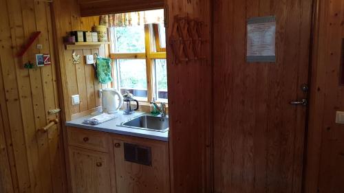 a kitchen with a sink and a window at Cozy Cabin in the Woods in Selfoss