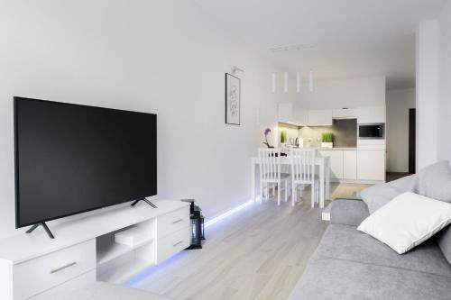 a living room with a large flat screen tv at AKURATNY Apartment in Poznań