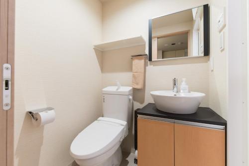 a bathroom with a toilet and a sink and a mirror at Stay SAKURA Kyoto Higashiyama Shirakawa in Kyoto
