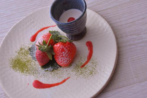 a white plate with strawberries and sauce on a table at Mashikokan Satoyama Resort Hotel in Mashiko