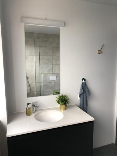 a bathroom with a sink and a mirror at Svala Apartments by Heimaleiga in Reykjavík