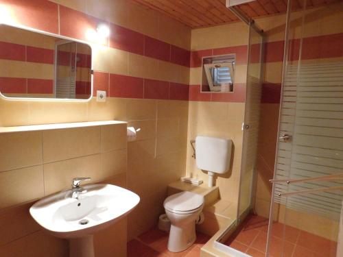 uma casa de banho com um WC, um lavatório e um chuveiro em XXL Apartman em Zalakaros